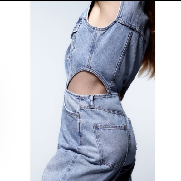 Zara Full Length Cut Out Denim Jumpsuit - Picture 8 of 9